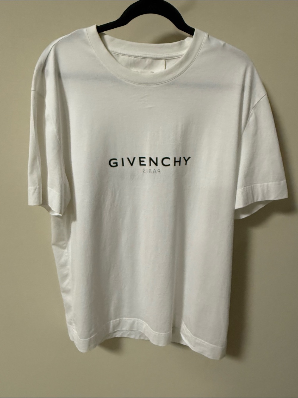 Givenchy White Crewneck Logo Tee with Black Text Signature Reverse/Mirrored Logo